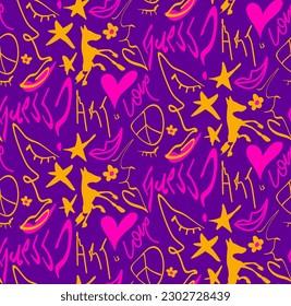 Abstracto Dibujo Mano Fundición Cara Estrellas Caballos Flores Flores Amor Arte y Adivina Escribir Patrón Vector Graffiti Sin Maravilla Fondo Aislado