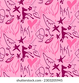 Abstract Hand Drawing Melting Faces Hearts Stars Horses Lips Flowers Love Art and Guess Writing Seamless Graffiti Vector Pattern Isolated Background