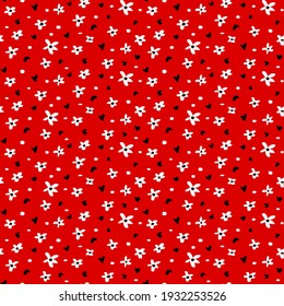 Abstract Hand Drawing Mini Daisy Hearts and Dots Seamless Vector Pattern Isolated Background