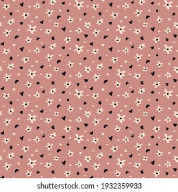 Abstract Hand Drawing Mini Daisy Hearts and Dots Seamless Vector Pattern Isolated Background