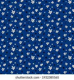 Abstract Hand Drawing Mini Daisy Hearts and Dots Seamless Vector Pattern Isolated Background