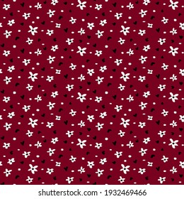 Abstract Hand Drawing Mini Daisy Hearts and Dots Seamless Vector Pattern Isolated Background