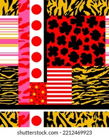 Abstract Hand Drawing Mix Animal Skins Flowers Borders and Geometric Shapes Seamless Patchwork Vector Pattern Isolated Background