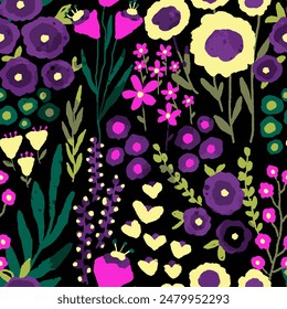Mezcla de dibujo a mano Abstractas Ditsy Flores Hojas y ramas Patrón de Vector textil sin fisuras Fondo aislado