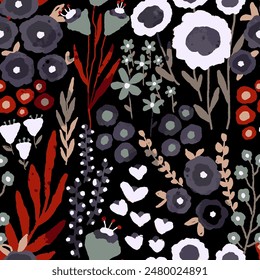 Mezcla de dibujo a mano Abstractas Ditsy Flores Hojas y ramas Patrón de Vector textil sin fisuras Fondo aislado