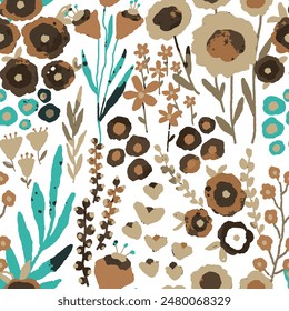 Abstract Hand Drawing Mix Ditsy Flowers Leaves and Branches Seamless Textile Vector Pattern Isolated Background