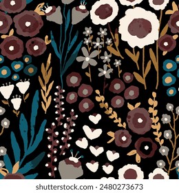 Mezcla de dibujo a mano Abstractas Ditsy Flores Hojas y ramas Patrón de Vector textil sin fisuras Fondo aislado