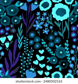Abstract Hand Drawing Mix Ditsy Flowers Leaves and Branches Seamless Textile Vector Pattern Isolated Background