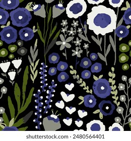 Abstract Hand Drawing Mix Ditsy Flowers Leaves and Branches Seamless Textile Vector Pattern Isolated Background