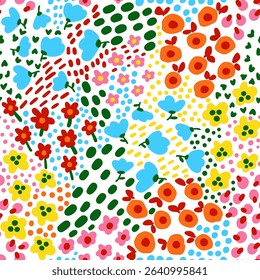 Abstract Hand Drawing Mix Ditsy Flowers Leaves and Branches Seamless Textile Vector Pattern Isolated Background