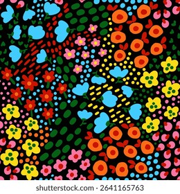 Abstract Hand Drawing Mix Ditsy Flowers Leaves and Branches Seamless Textile Vector Pattern Isolated Background