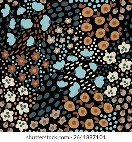 Abstract Hand Drawing Mix Ditsy Flowers Leaves and Branches Seamless Textile Vector Pattern Isolated Background