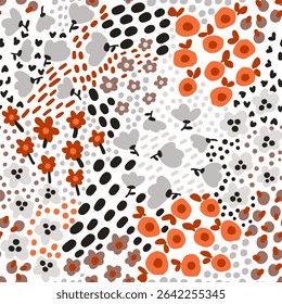 Abstractas Dibujo de la mano Mezcla Ditsy Flores Hojas y Ramas Patrón de Vector Textil Inconsútil Fondo Aislado