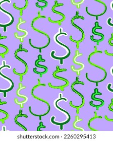 Abstract Hand Drawing Mix Dollar Signs with Brush Strokes Seamless Vector Pattern Isolated Background