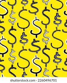 Abstract Hand Drawing Mix Dollar Signs with Brush Strokes Seamless Vector Pattern Isolated Background