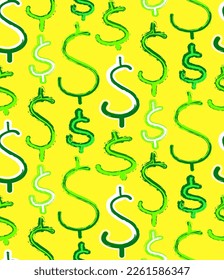 Abstract Hand Drawing Mix Dollar Signs with Brush Strokes Seamless Vector Pattern Isolated Background