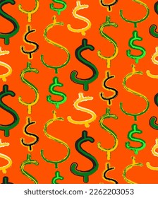 Abstract Hand Drawing Mix Dollar Signs with Brush Strokes Seamless Vector Pattern Isolated Background