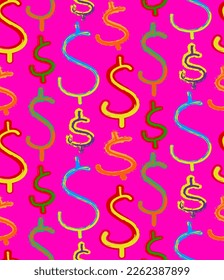 Abstract Hand Drawing Mix Dollar Signs with Brush Strokes Seamless Vector Pattern Isolated Background