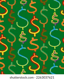 Abstract Hand Drawing Mix Dollar Signs with Brush Strokes Seamless Vector Pattern Isolated Background