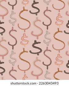 Abstract Hand Drawing Mix Dollar Signs with Brush Strokes Seamless Vector Pattern Isolated Background