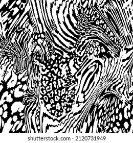 Abstract Hand Drawing Mix Leopard Cheetah Skin Shapes Zebra Stripes Repeating Vector Pattern Isolated Background