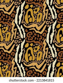 Abstract Hand Drawing Mix Leopard Cheetah Skin Shapes Zebra Tiger Stripes Repeating Vector Pattern Isolated Background