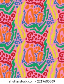 Abstract Hand Drawing Mix Leopard Cheetah Skin Shapes Zebra Tiger Stripes Repeating Vector Pattern Isolated Background