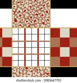 Abstract Hand Drawing Mix Patchwork Plaid Tartan with Leopard Skin Shapes Geometric Vector Pattern Isolated Background