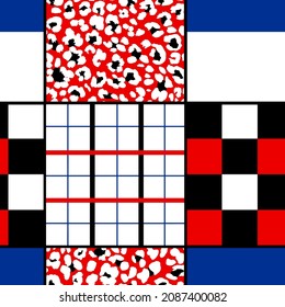 Abstract Hand Drawing Mix Patchwork Plaid Tartan with Leopard Skin Shapes Geometric Vector Pattern Isolated Background