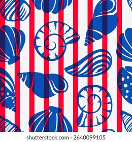 Abstract Hand Drawing Mix Sea Shells Marine Concept Seamless Vector Pattern with Vertical Striped Isolated Background