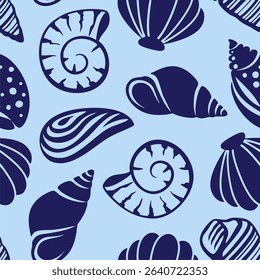 Abstract Hand Drawing Mix Sea Shells Marine Concept Seamless Vector Pattern Isolated Background