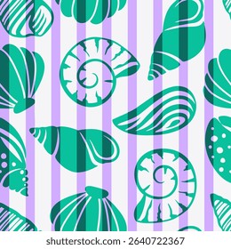 Abstract Hand Drawing Mix Sea Shells Marine Concept Seamless Vector Pattern with Vertical Striped Isolated Background