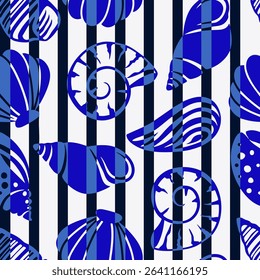 Abstract Hand Drawing Mix Sea Shells Marine Concept Seamless Vector Pattern with Vertical Striped Isolated Background