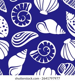 Abstract Hand Drawing Mix Sea Shells Marine Concept Seamless Vector Pattern Isolated Background