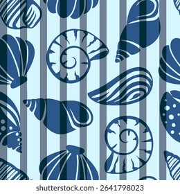 Abstract Hand Drawing Mix Sea Shells Marine Concept Seamless Vector Pattern with Vertical Striped Isolated Background