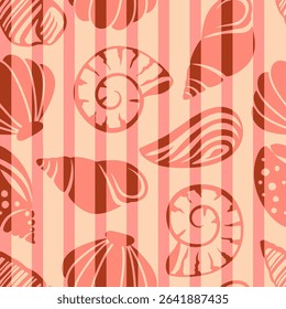 Abstract Hand Drawing Mix Sea Shells Marine Concept Seamless Vector Pattern with Vertical Striped Isolated Background