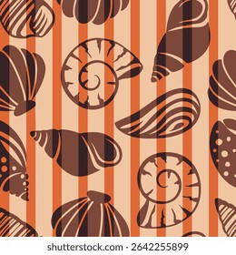 Abstract Hand Drawing Mix Sea Shells Marine Concept Seamless Vector Pattern with Vertical Striped Isolated Background