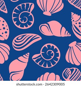 Abstract Hand Drawing Mix Sea Shells Marine Concept Seamless Vector Pattern Isolated Background