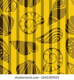 Abstract Hand Drawing Mix Sea Shells Marine Concept Seamless Vector Pattern with Vertical Striped Isolated Background
