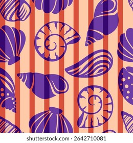 Abstract Hand Drawing Mix Sea Shells Marine Concept Seamless Vector Pattern with Vertical Striped Isolated Background