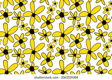 Abstract Hand Drawing Mix Size Daisy Flowers Seamless Vector Pattern Isolated Background