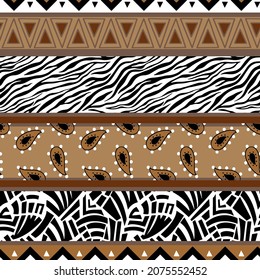 Abstract Hand Drawing Mixed African Bohemian Patchwork Borders Seamless Vector Pattern Geometric Background 