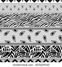Abstract Hand Drawing Mixed African Bohemian Patchwork Borders Seamless Vector Pattern Geometric Background 