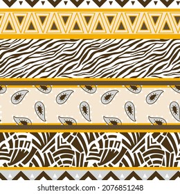 Abstract Hand Drawing Mixed African Bohemian Patchwork Borders Seamless Vector Pattern Geometric Background 