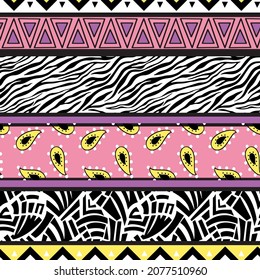Abstract Hand Drawing Mixed African Bohemian Patchwork Borders Seamless Vector Pattern Geometric Background 