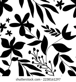 Abstract Hand Drawing Monochrome Flowers Branches and Leaves Sketch Seamless Tropical Vector Pattern Isolated Background