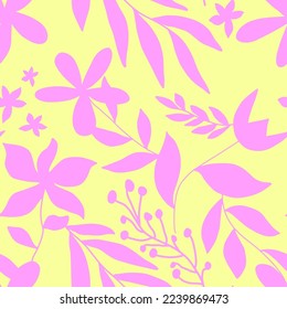 Abstract Hand Drawing Monochrome Flowers Branches and Leaves Sketch Seamless Tropical Vector Pattern Isolated Background