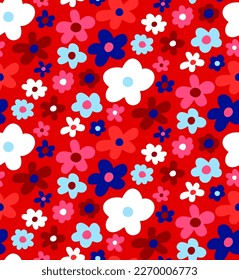 Abstract Hand Drawing Multi Color Simple Cute Ditsy Daisy Mix Flowers Seamless Vector Pattern Isolated Background