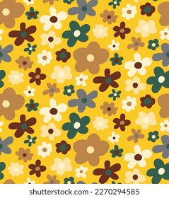 Abstract Hand Drawing Multi Color Simple Cute Ditsy Daisy Mix Flowers Seamless Vector Pattern Isolated Background