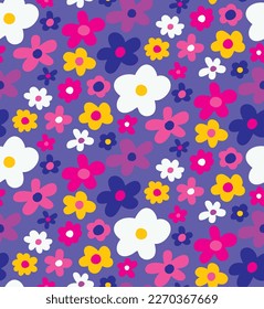 Abstract Hand Drawing Multi Color Simple Cute Ditsy Daisy Mix Flowers Seamless Vector Pattern Isolated Background